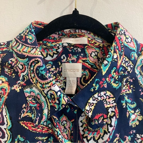 CHICO’S Sz 3.5 No Iron Effortless Beatrice Navy Colourful Paisley Buttoned Shirt - Picture 4 of 12